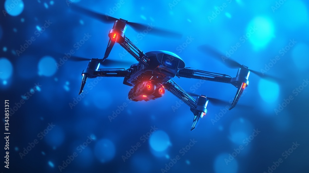 A futuristic drone is shown in a blue background. It's used for military purposes, surveillance, and video recording. This technology improves security and uses advanced digital techniques.
A futuristic drone is shown in a blue background. It's used for military purposes, surveillance, and video recording. This technology improves security and uses advanced digital techniques.