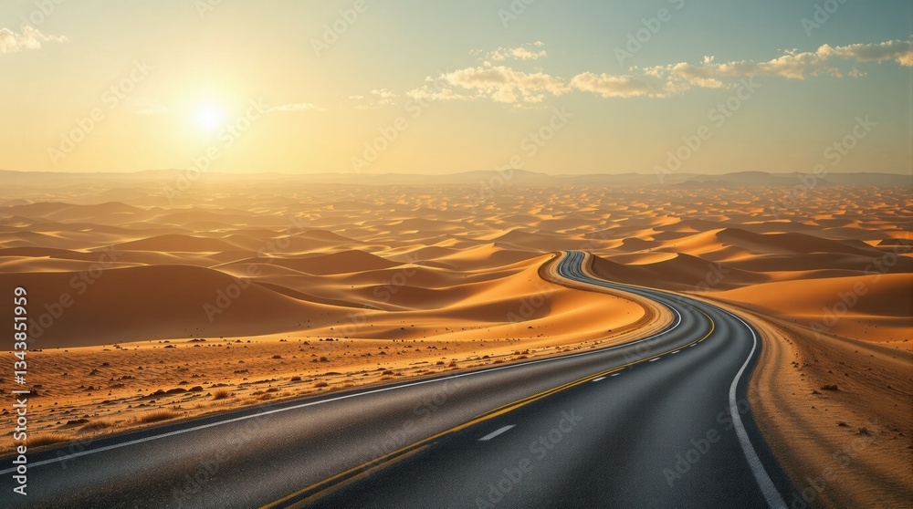 Fototapeta premium Desert Highway Winding Through Sand Dunes at Sunset