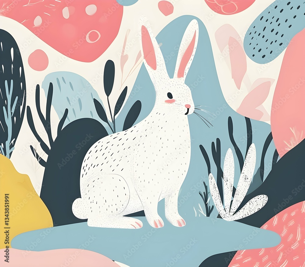 Obraz premium Modern style poster with rabbit , The animal is set against a background of abstract forms and pastel