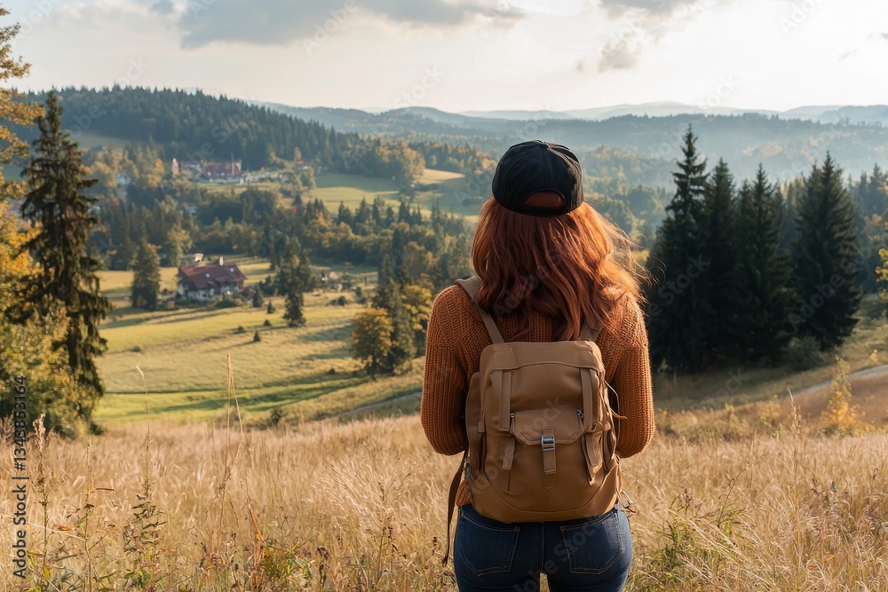 A sweater-clad woman, donning a warm hat and carrying a backpack, stands in the mountains and gesticulates with her hands A sweater-clad woman, donning a warm hat and carrying a backpack, stands in the mountains and gesticulates with her hands