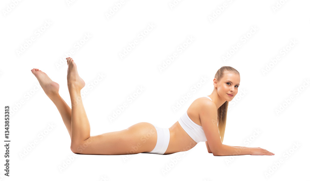 Young, fit and beautiful blond woman in white swimsuit isolated on transparent background. Healthcare, diet, sport and fitness concept. Young, fit and beautiful blond woman in white swimsuit isolated on transparent background. Healthcare, diet, sport and fitness concept.
