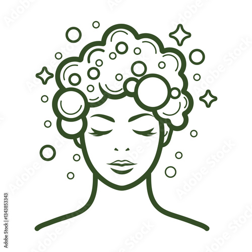 Woman Washing Hair With Bubbles in a Minimalist Cosmetic Vector Design