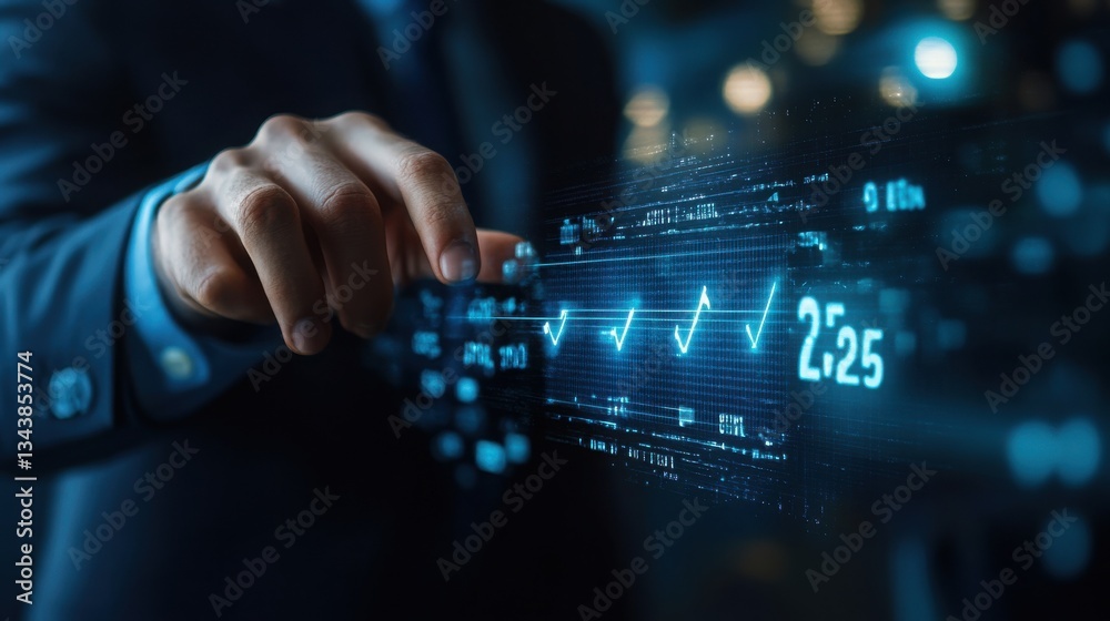 Businessman Analyzing Financial Data and Market Trends on Holographic Interface Businessman Analyzing Financial Data and Market Trends on Holographic Interface