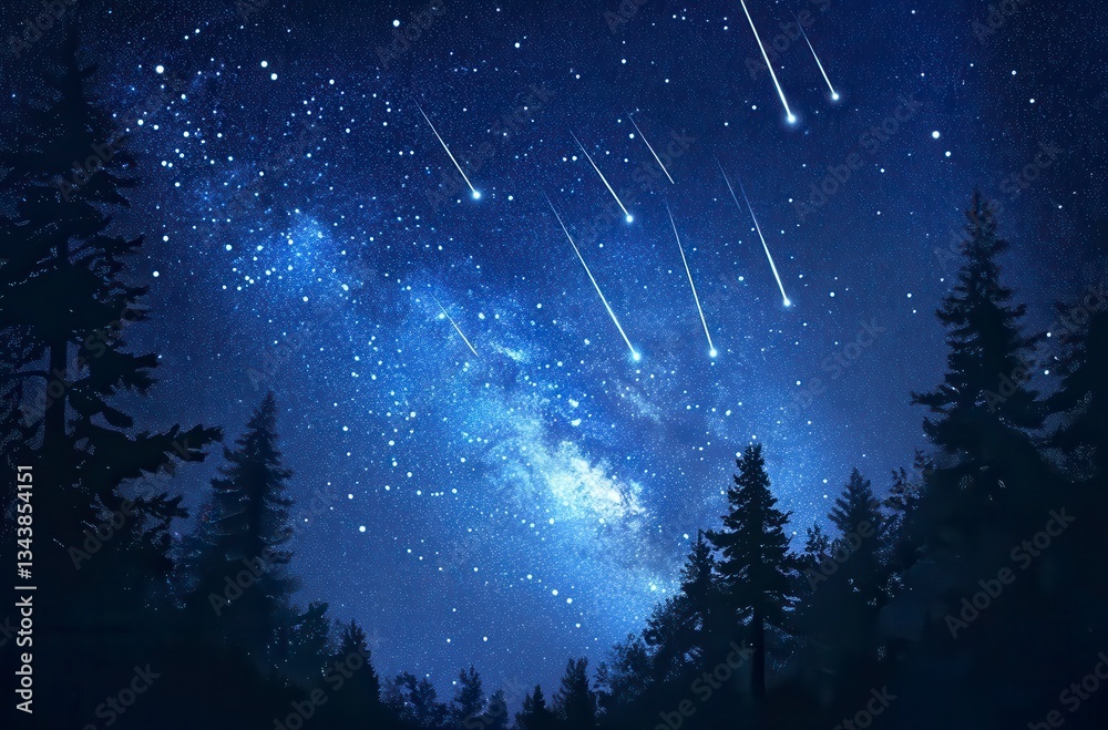 Fototapeta premium Pixel Art Night Sky Milky Way and Shooting Stars Over Dark Forest Silhouette