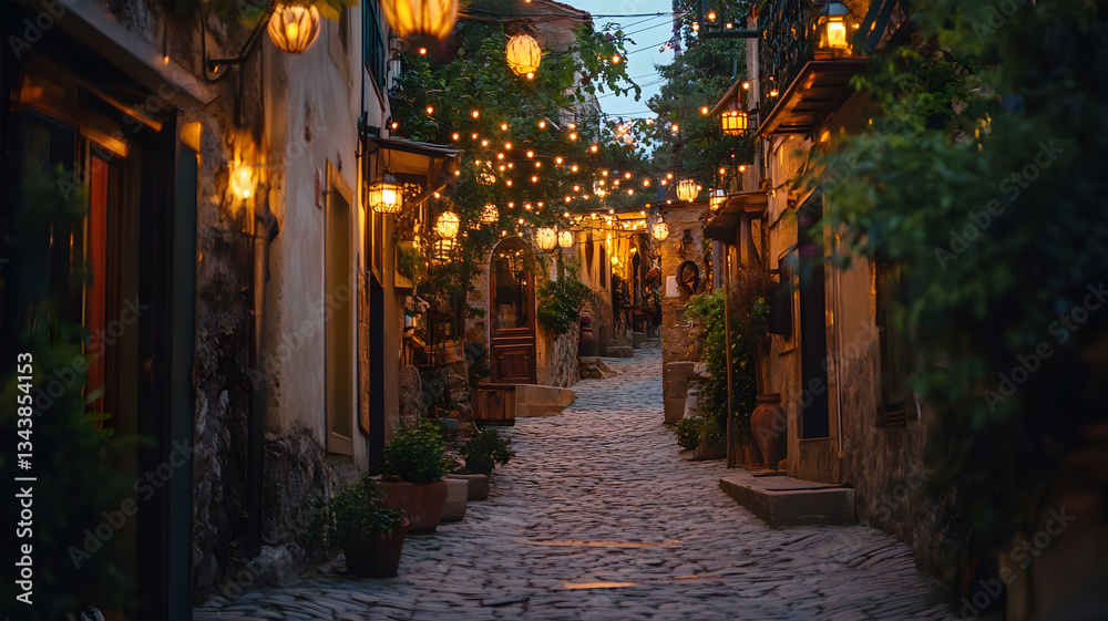 Obraz premium Charming Cobbled Street with Hanging Lanterns and Cozy Atmosphere at Dusk
