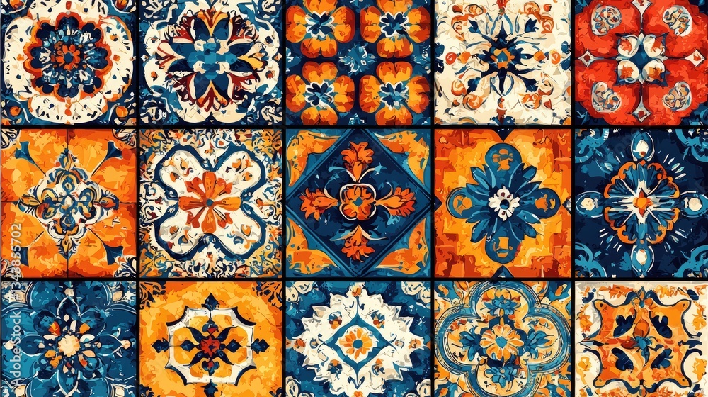 Colorful geometric tile patterns showcasing intricate designs in vibrant hues Colorful geometric tile patterns showcasing intricate designs in vibrant hues