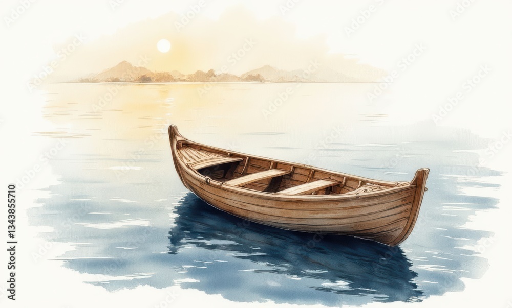 Serene wooden boat on calm waters Serene wooden boat on calm waters