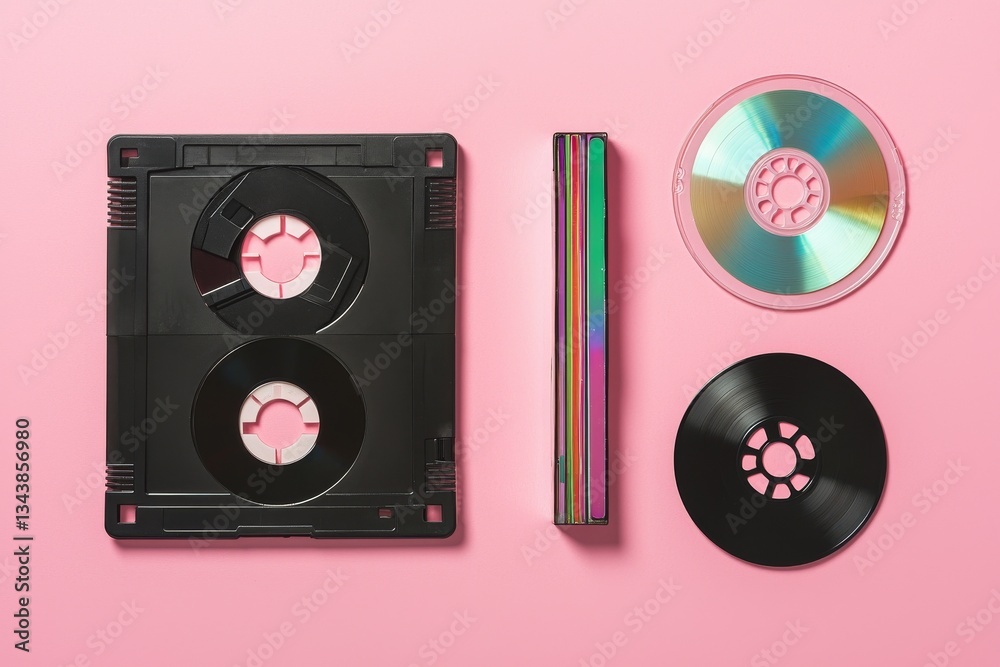 Obraz premium VHS, audio cassette, compact disk, and floppy disk make up the background