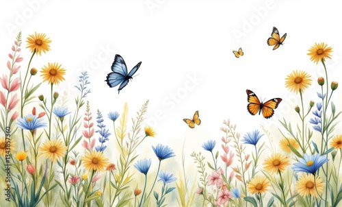 Colorful butterflies among blooming flowers