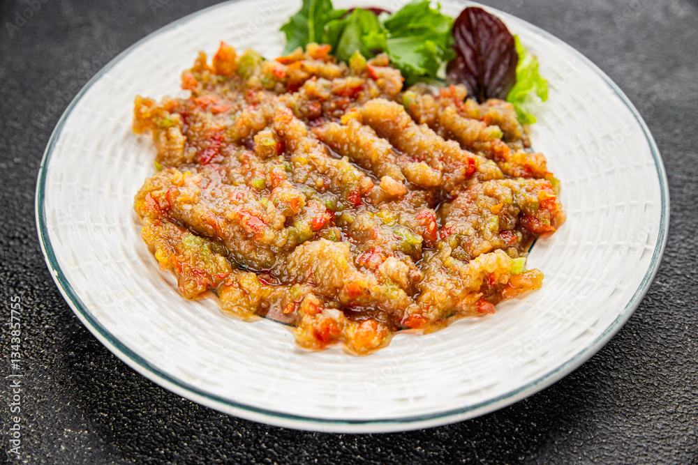 Fototapeta premium salad Baba ganoush eggplant, tomato, onion vegetables dish fresh delicious gourmet food background on table rustic food top view copy space keto and paleo diet vegetarian and vegan food