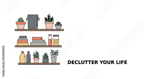 Colorful illustration of shelves with plants, books, and jars, featuring the motivating message "Declutter Your Life."
