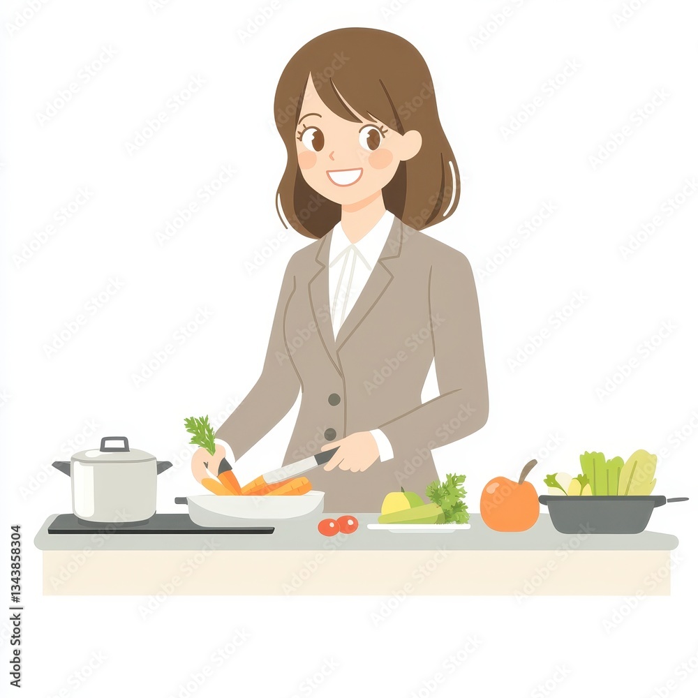 Smiling Businesswoman Preparing Healthy Vegetables in Bright Kitchen Smiling Businesswoman Preparing Healthy Vegetables in Bright Kitchen