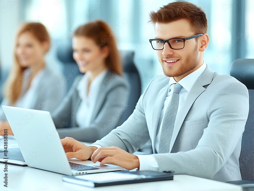 A smiling businessman working on a computer during a meeting A smiling businessman working on a computer during a meeting