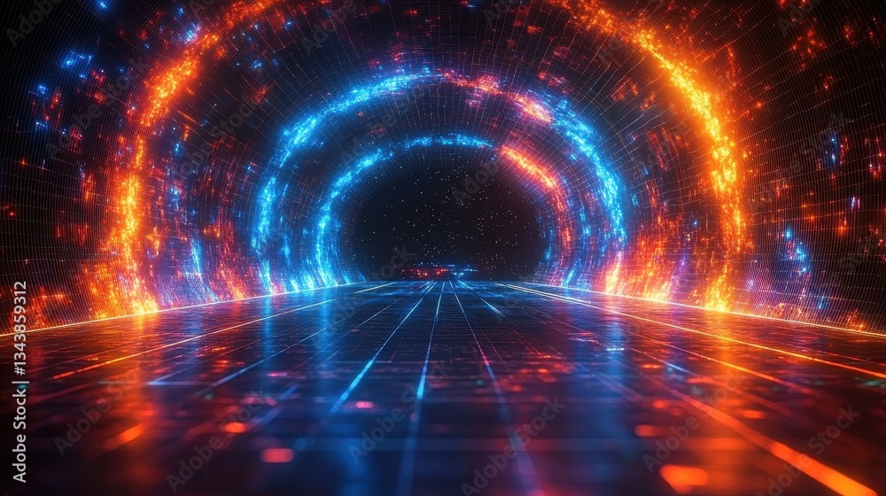 A tunnel with a blue and red light on the wall A tunnel with a blue and red light on the wall