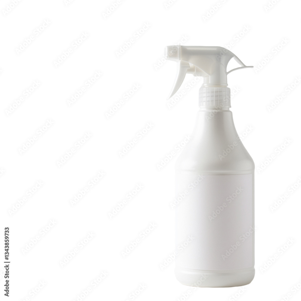 White spray bottle with a blank label, versatile and practical for various cleaning solutions, on a transparent background. White spray bottle with a blank label, versatile and practical for various cleaning solutions, on a transparent background.