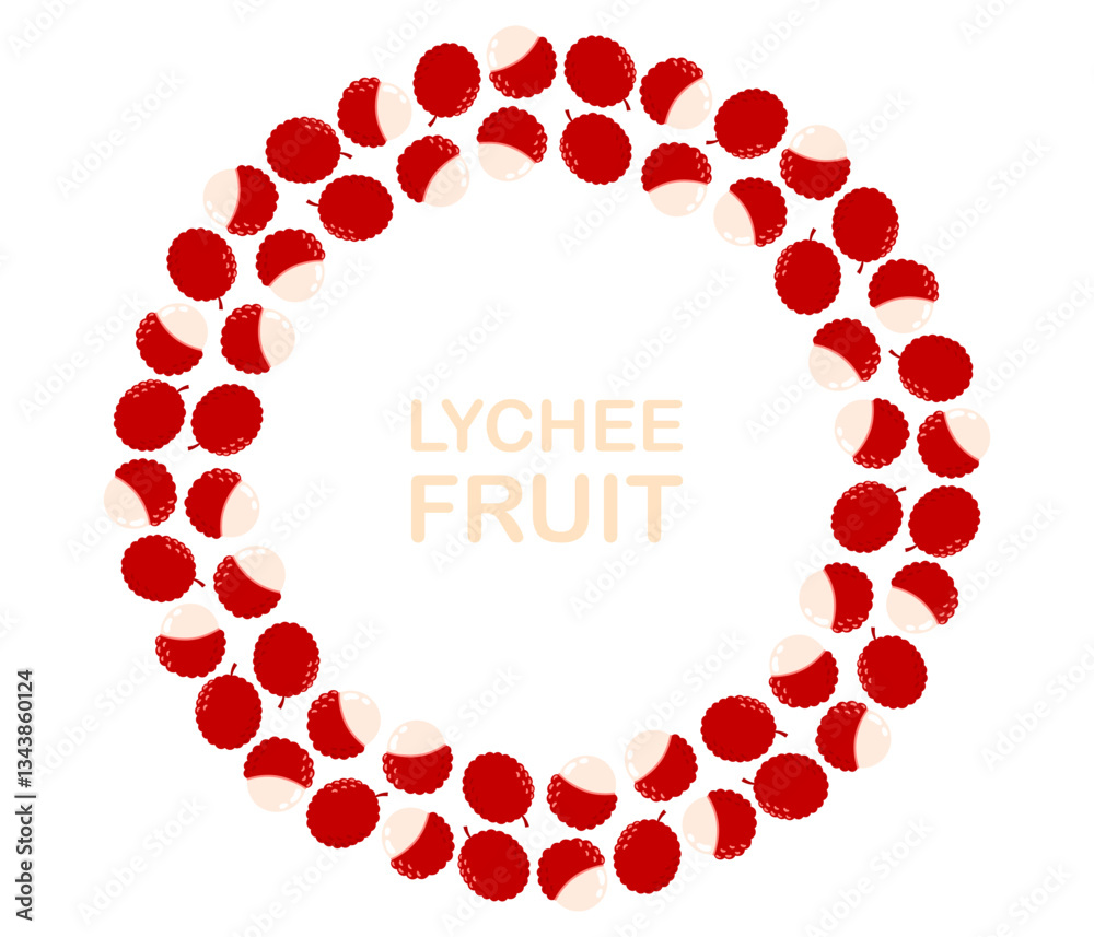 Lychee fruit circle frame. Round seasonal exotic fruit border. Collection of organic vitamins and healthy nutrition. Flat Vector illustration on white background Lychee fruit circle frame. Round seasonal exotic fruit border. Collection of organic vitamins and healthy nutrition. Flat Vector illustration on white background