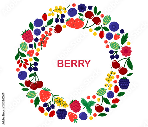 Berries circle frame. Cherry, black currant, raspberry, gooseberry, blueberry, blackberry, strawberry, barberry, sea buckthorn. Round fresh summer juicy berry border. Flat Vector illustration