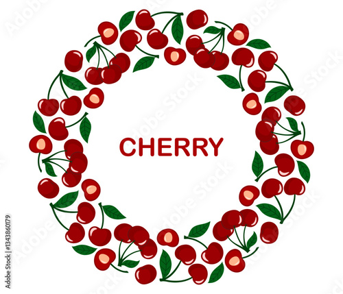 Cherry berry circle frame. Juicy ripe cherries with leaves. Round fresh summer berry border. Flat Vector illustration on white background
