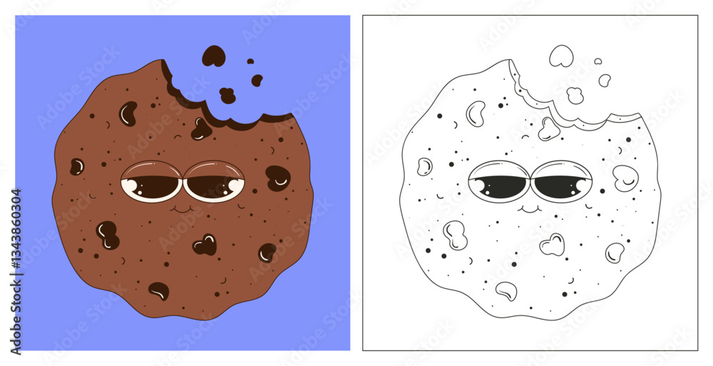 Coloring page of a cookie character with eyes. Chocolate cookie in groovy style. National Dessert Day. Pastries, sweets, dessert. Linear funny cookie with eyes and a smile Coloring page of a cookie character with eyes. Chocolate cookie in groovy style. National Dessert Day. Pastries, sweets, dessert. Linear funny cookie with eyes and a smile