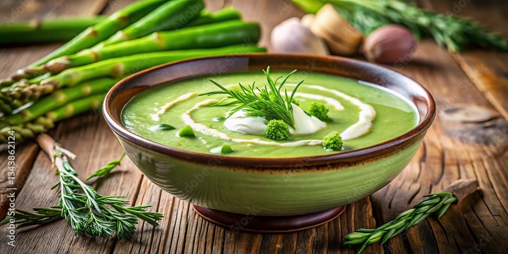 Creamy Asparagus Soup with Fresh Herbs - Rustic Bowl, Documentary Style Creamy Asparagus Soup with Fresh Herbs - Rustic Bowl, Documentary Style