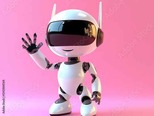 A robot with a white helmet and black gloves is waving