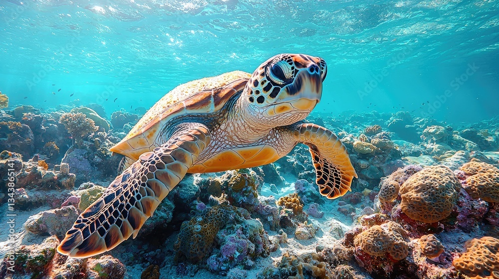 Obraz premium Majestic sea turtle swimming gracefully above vibrant coral reef in clear water