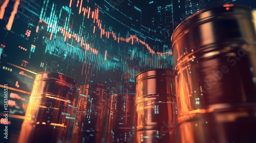 A conceptual image of crude oil barrels with a financial market graph overlay
