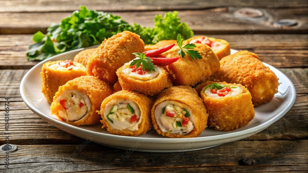 Crispy Deep-Fried Crab Meat Rolls on White Plate, Wooden Table - Panoramic Stock Photo Crispy Deep-Fried Crab Meat Rolls on White Plate, Wooden Table - Panoramic Stock Photo