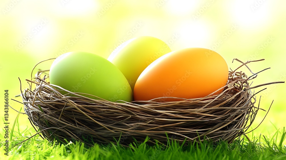 Obraz premium Three colorful eggs are nestled in a woven natural nest