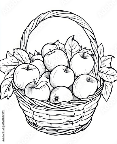 Wicker Basket Filled with Apples and Leaves Black and White Illustration