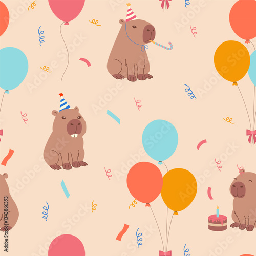 Vector birthday pattern with capybaras, cupcakes, colorful balloons.Birthday background in cartoon style