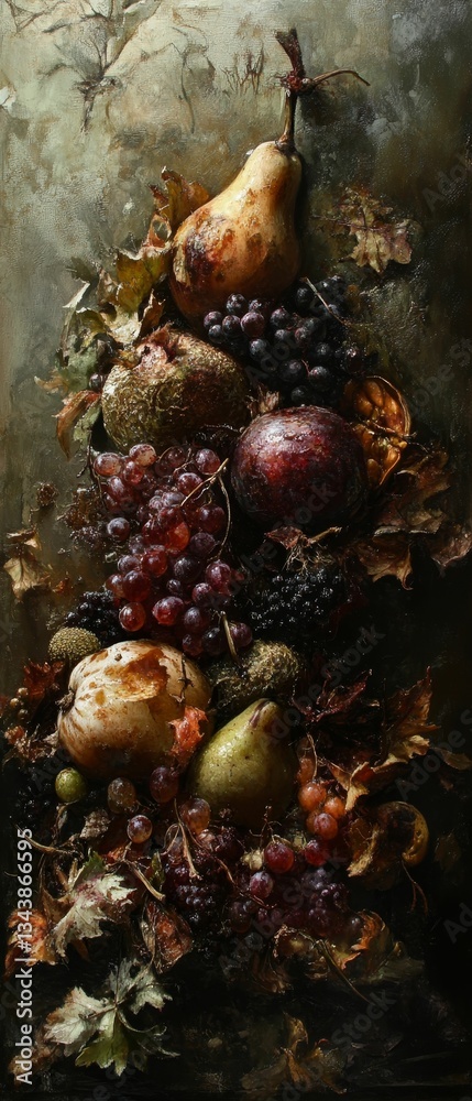 Fototapeta premium Autumn fruit abundance artful painting rustic still life.