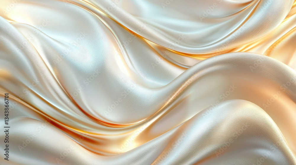 Fototapeta premium Silky ivory fabric with golden highlights flowing gracefully 3D Render Fluid Liquid Abstract Background,