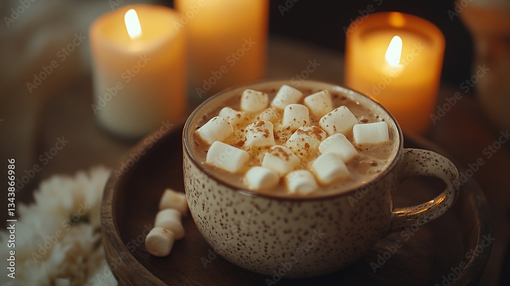Hot cocoa with marshmallows in a mug, lit candles in cozy interior setting Hot cocoa with marshmallows in a mug, lit candles in cozy interior setting