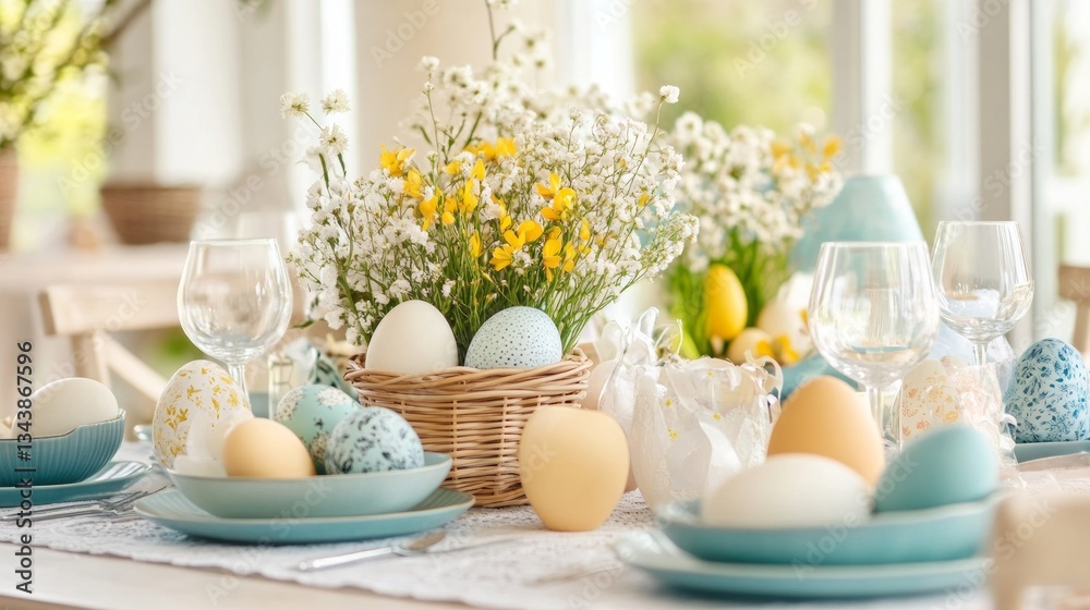 Easter Table Setting with Decorative Eggs and Fresh Flowers