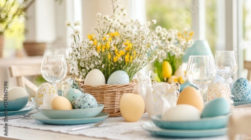 Obraz na płótnie Easter Table Setting with Decorative Eggs and Fresh Flowers w salonie