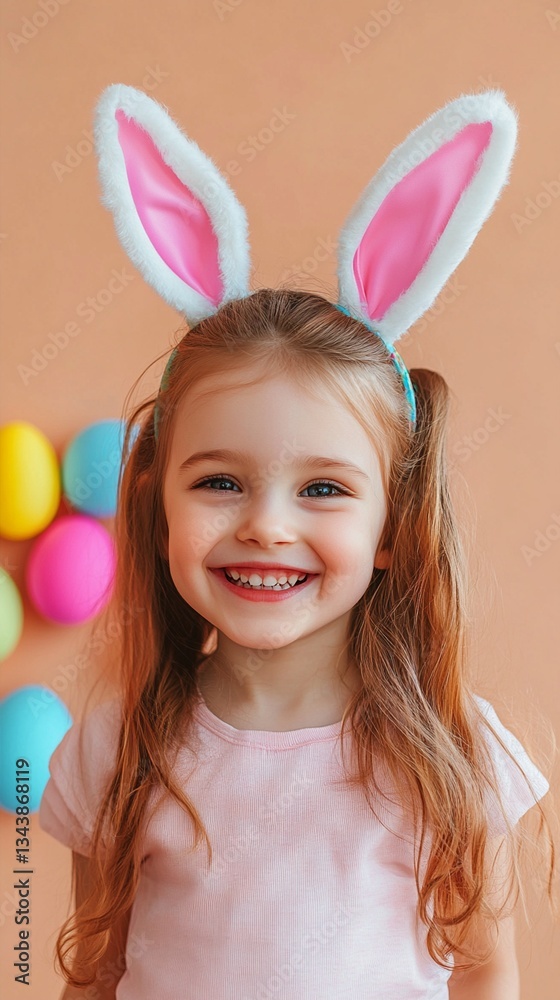 Joyful child with bunny ears smiling brightly, surrounded by colorful Easter eggs against a warm peach-toned background, capturing festive holiday spirit Joyful child with bunny ears smiling brightly, surrounded by colorful Easter eggs against a warm peach-toned background, capturing festive holiday spirit