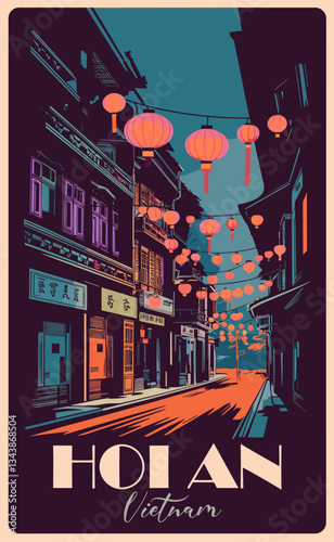 Hoi AN, Vietnam travel destination poster in retro style with old asian night city street. Colorful vector illustration