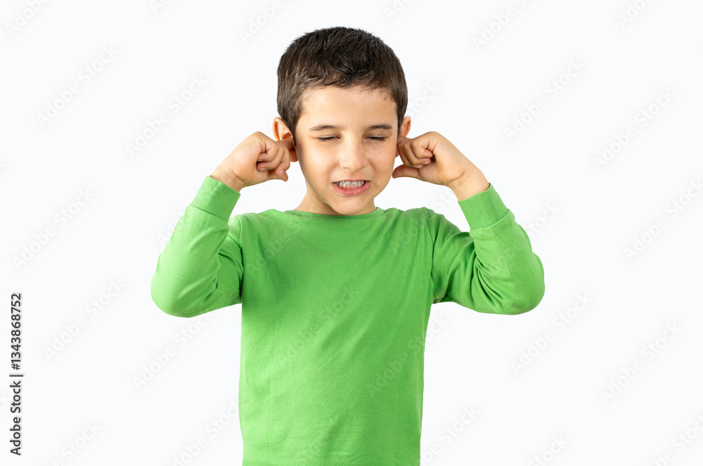Man over white background covering ears with fingers with annoyed expression for the noise of loud music. Deaf concept. Man over white background covering ears with fingers with annoyed expression for the noise of loud music. Deaf concept.
