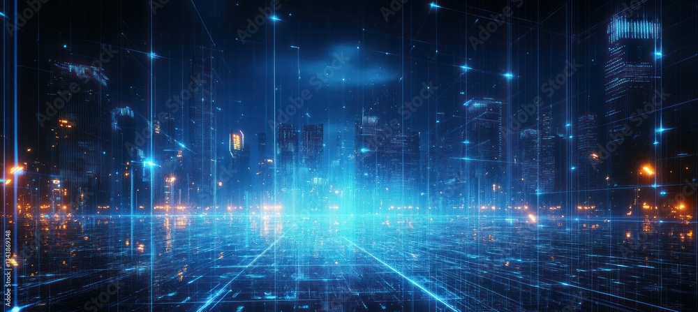 Fototapeta premium Futuristic Abstract Cityscape Technology Concept with Digital Grid and Neon Lights
