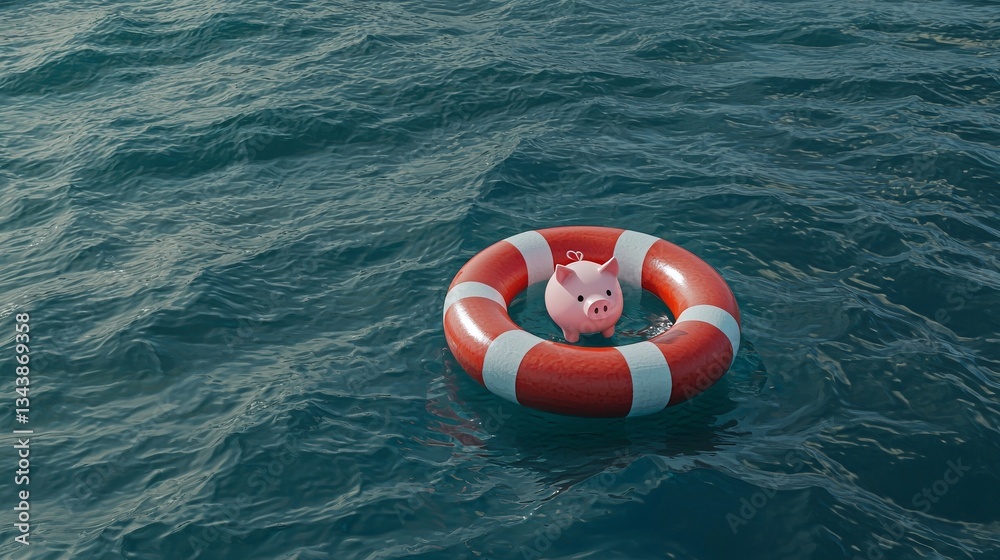 Naklejka premium A buoy in the sea water supports a pink piggy bank that is trying not to sink, illustrating the idea of investment failure and debt troubles