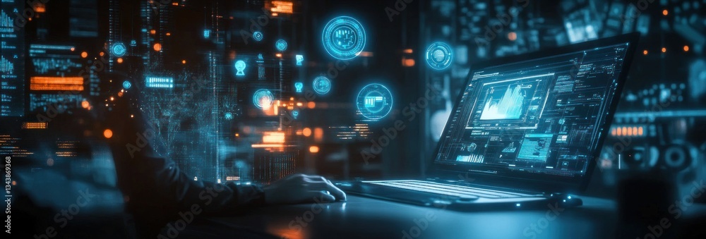 Futuristic Digital Workspace with Holographic Icons for Business Planning and AI Learning Futuristic Digital Workspace with Holographic Icons for Business Planning and AI Learning