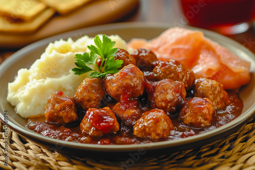 Fototapeta Naklejka Na Ścianę i Meble -  Traditional Swedish food on a beige plate, featuring meatballs nestled in gravy alongside mashed potatoes and salmon with lingonberry jam and a sprig of fresh parsley.