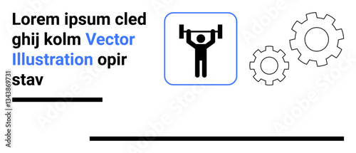 Weightlifter raising a barbell beside two gear shapes representing strength, teamwork, mechanics, and productivity. Ideal for fitness, engineering, collaboration, innovation, technology business