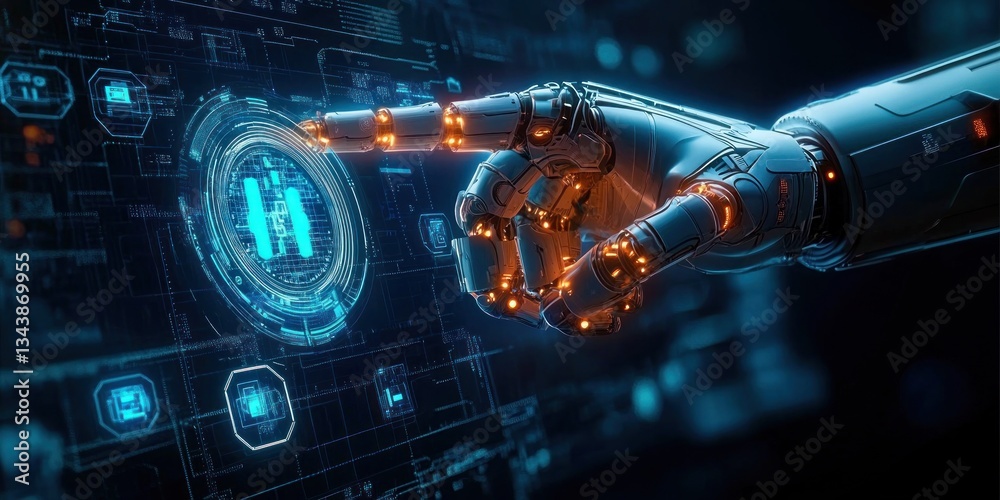 Futuristic Robotic Hand Interaction with Digital Interface in Cyberpunk Style High-Tech Innovation and Artificial Intelligence Technology Concept Futuristic Robotic Hand Interaction with Digital Interface in Cyberpunk Style High-Tech Innovation and Artificial Intelligence Technology Concept