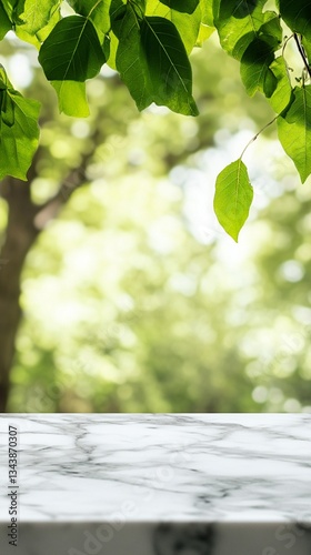 Sunlight filtering through lush green leaves, casting a soft bokeh effect on a blurred background with a clean marble surface in the foreground, creating a serene natural composition
