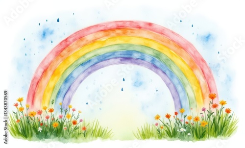 Vibrant rainbow over blooming flowers