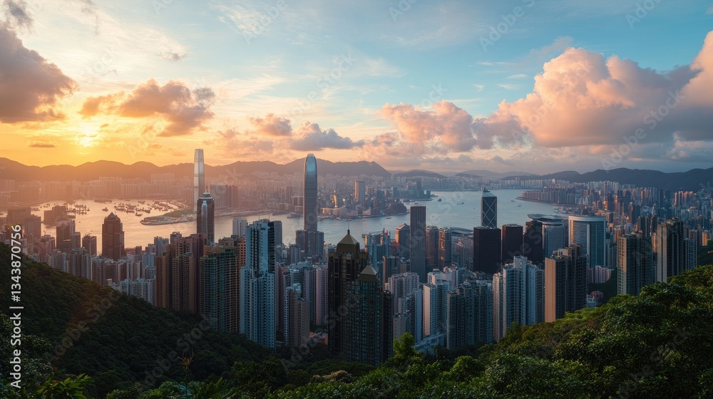 Fototapeta premium Hong Kong Skyline Sunset Panorama.