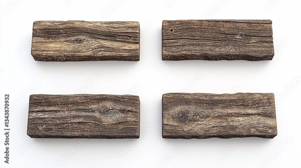 Fototapeta premium Four weathered wooden planks on white background, product display, graphic element