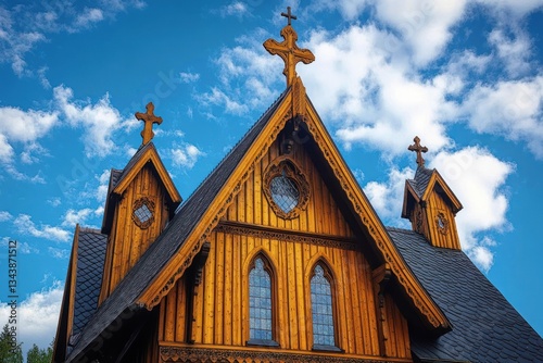 Fototapeta Naklejka Na Ścianę i Meble -  Majestic Wooden Stave Church Inspired by Nordic Architecture with Snezka Mountain in Karpacz Poland